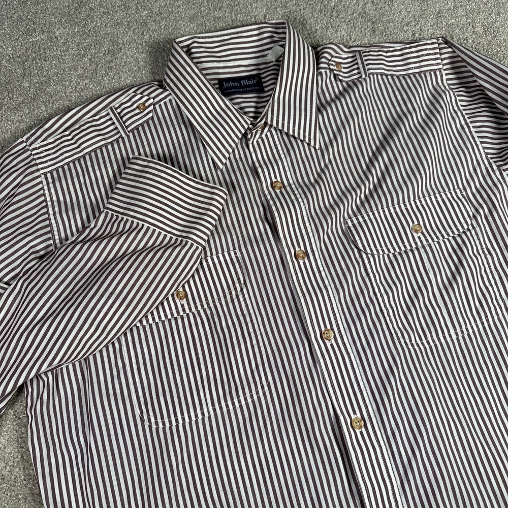 John Blair Mens Vertical Stripe Button‎ Long Sleeve Shirt Large Vintage